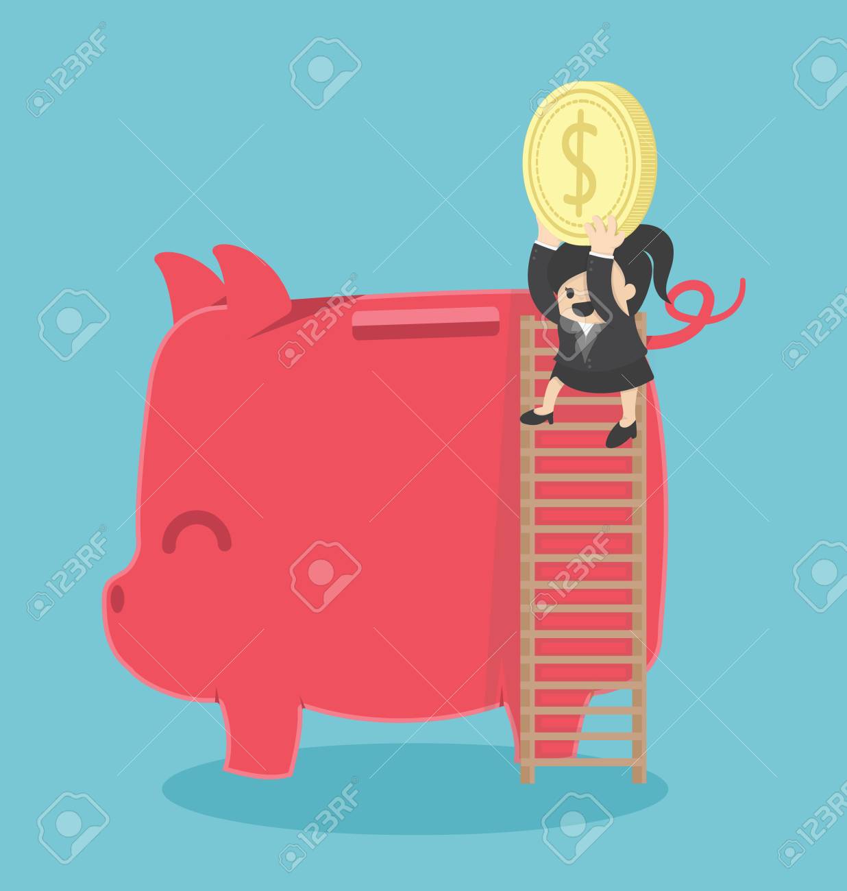 Young Business Woman Saving Her Money By Putting A Coin In A - vector young business woman saving her money by putting a coin in a big piggy bank